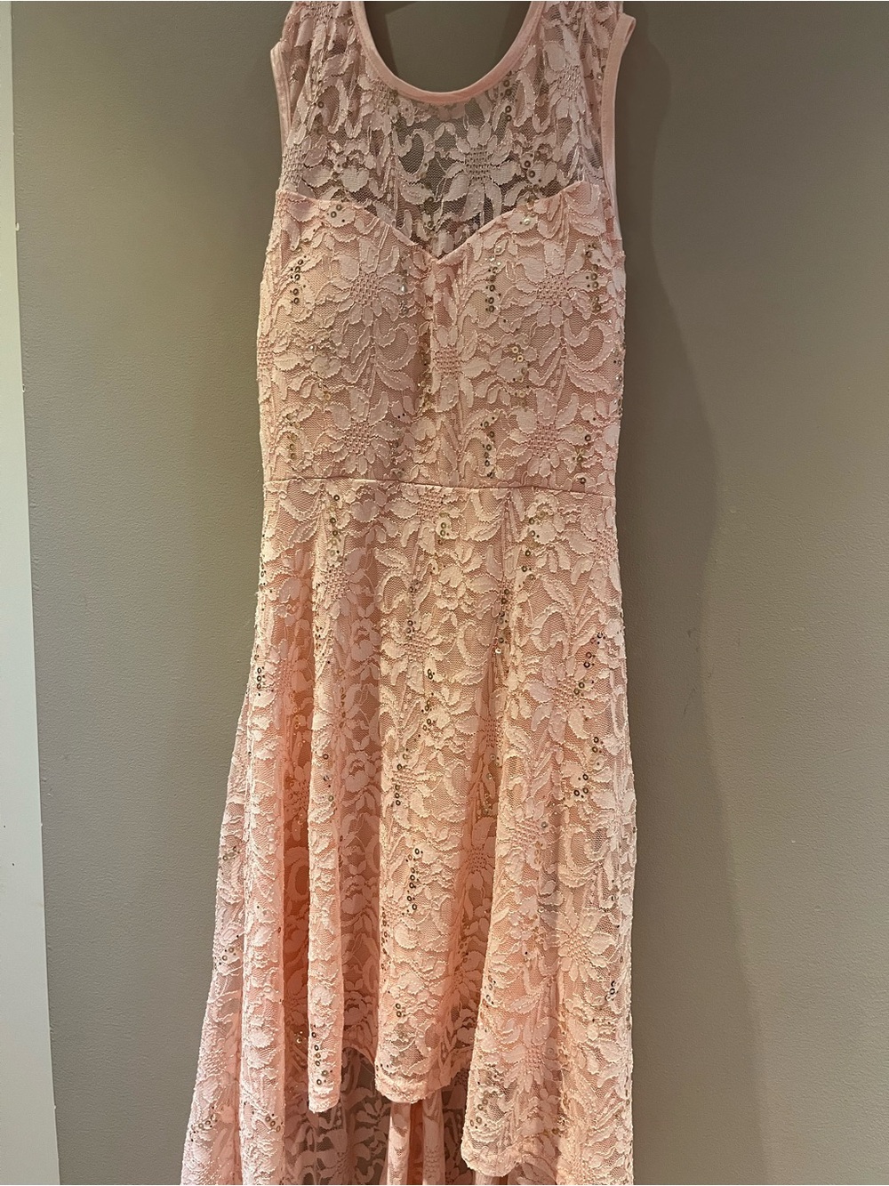Suzy Shier Blush Pink Lace High-Low Dress with Sequin Accents